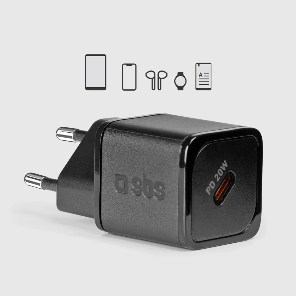 SBS TETRGAN1C20K 20W GaN USB-C Wall Charger with Power Delivery - Blackeng