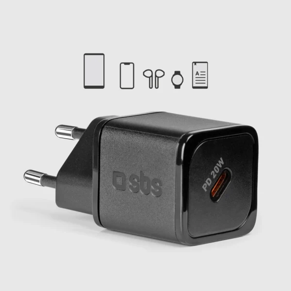 SBS TETRGAN1C20K 20W GaN USB-C Wall Charger with Power Delivery - Blackeng