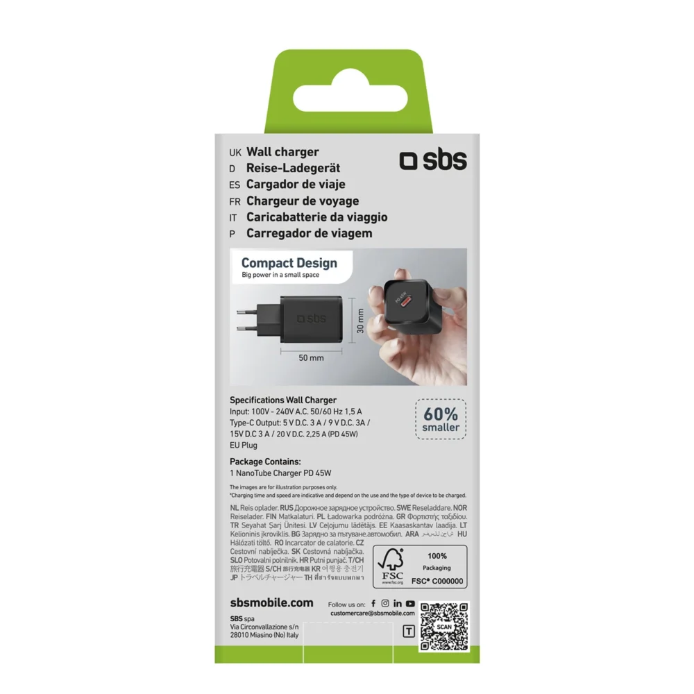 SBS TETRGAN1C45W 45W GaN USB-C Wall Charger with Power Delivery - Blackeng