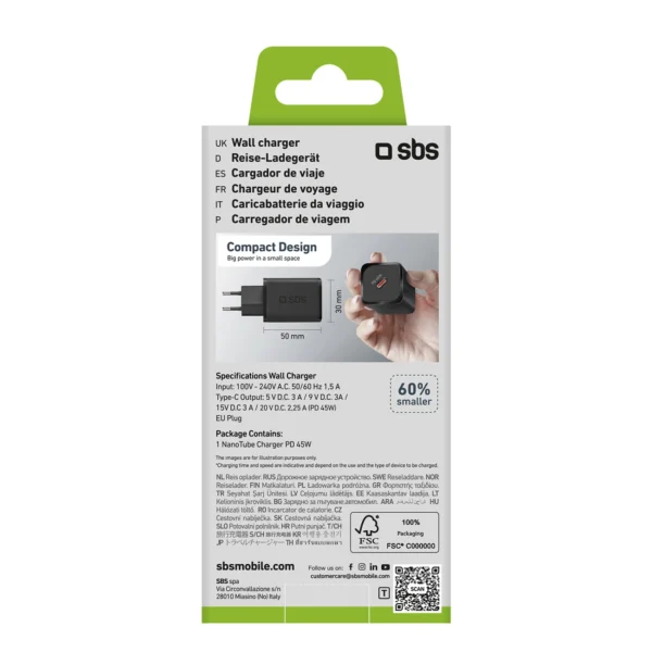 SBS TETRGAN1C45W 45W GaN USB-C Wall Charger with Power Delivery - Blackeng