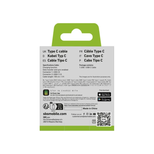 SBS TECABLETYC1KPOS USB-A - USB-C Cable 1m - Blackeng