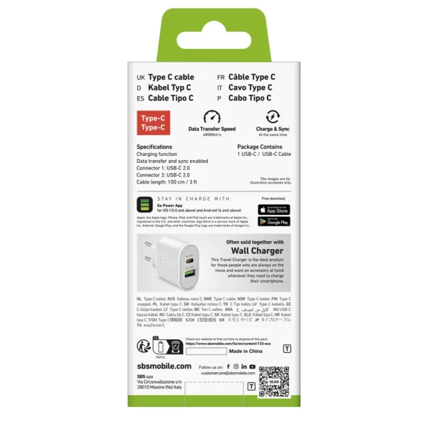 SBS TECABLETCC10W USB-C Cable - USB-C Power Delivery 25W 1 m - whiteeng
