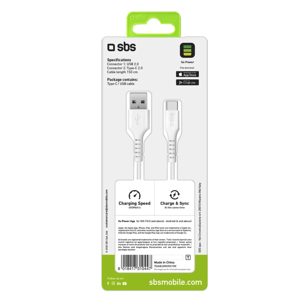 SBS TECABLEMICROC15W USB-A - USB-C Cable 1.5m - Whiteeng