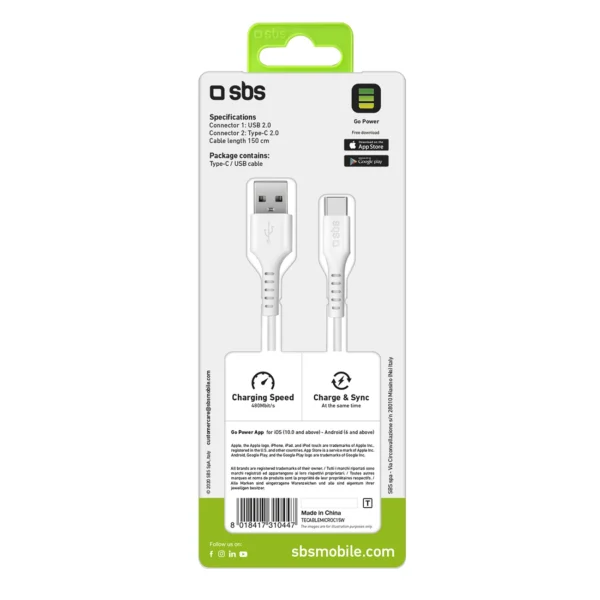 SBS TECABLEMICROC15W USB-A - USB-C Cable 1.5m - Whiteeng