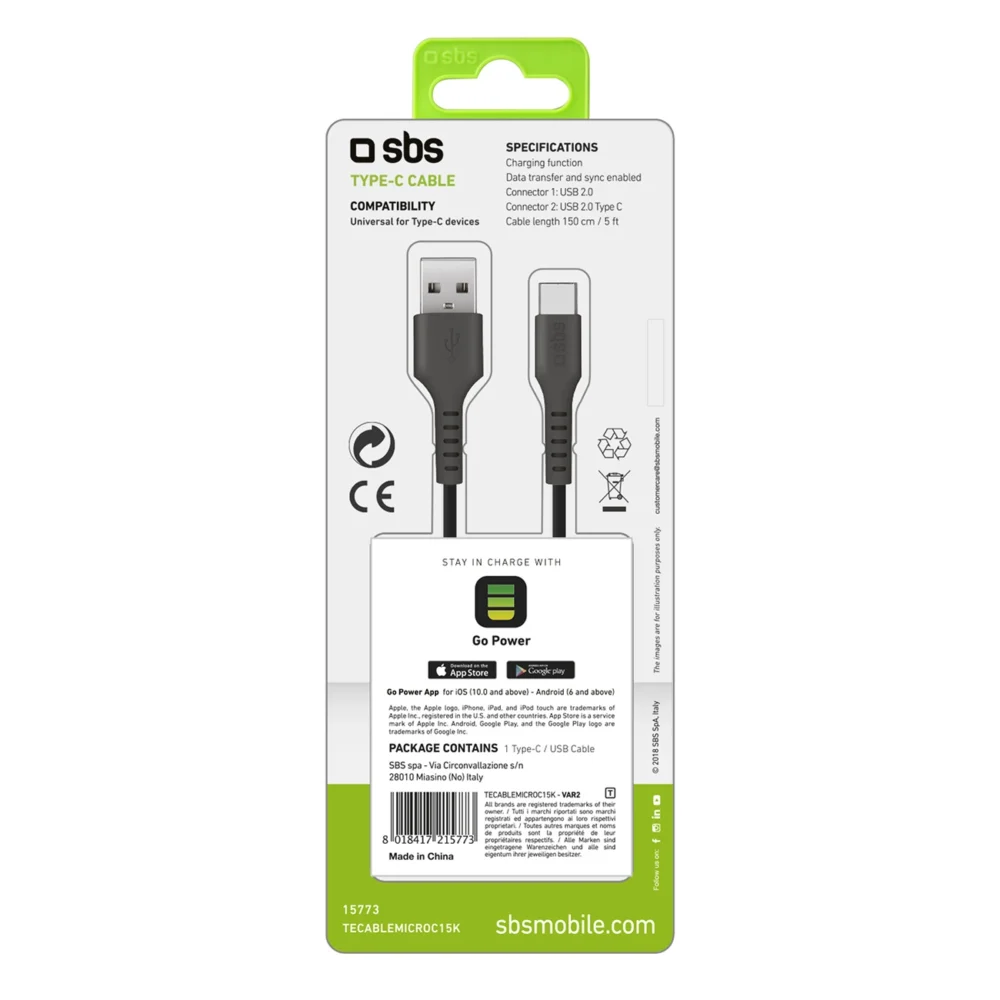 SBS TECABLEMICROC15K USB-A - USB-C Cable 1.5m - Blackeng
