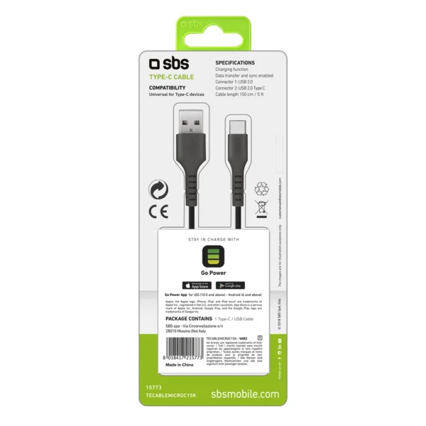 SBS TECABLEMICROC15K USB-A - USB-C Cable 1.5m - Blackeng