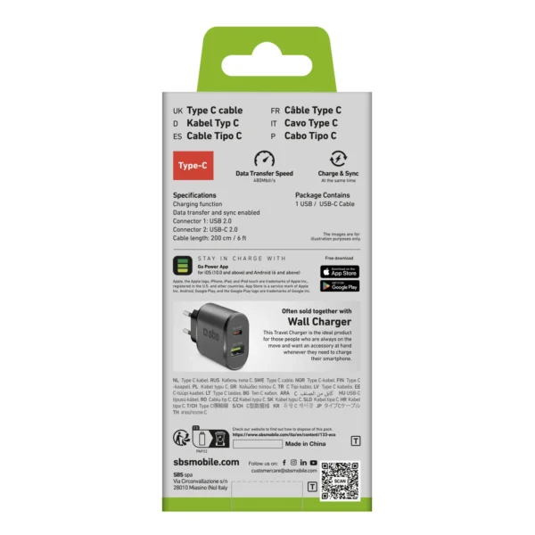 SBS TECABLETC220K USB-A - USB-C Cable 2 m - Blackeng