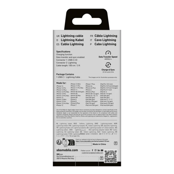 SBS TECABLELIGTC1W USB-C - Lightning Cable MFi Certified, 1m - Whiteeng