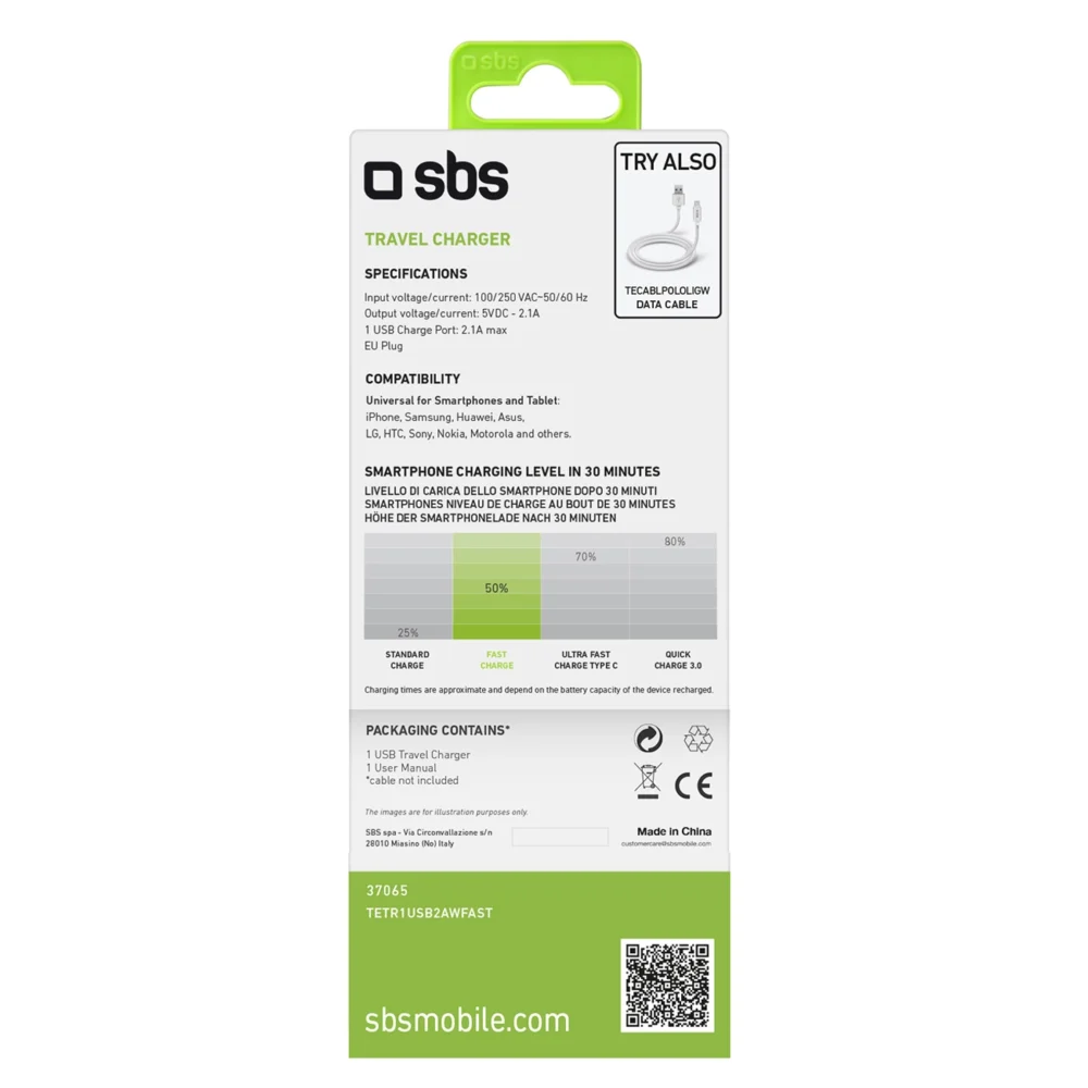 SBS TETR1USB2AWFAST 10W USB-A Wall Charger - Whiteeng