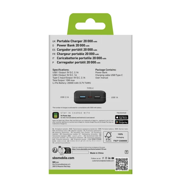 Fast charge power bank: 20,000 mAh, 2 USBs Blackeng