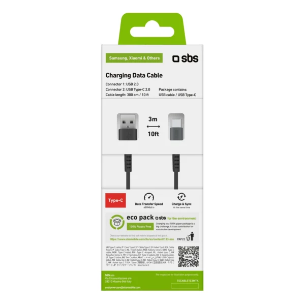 SBS TECABLETC3MTK USB-A - USB-C Cable 3m - Blackeng