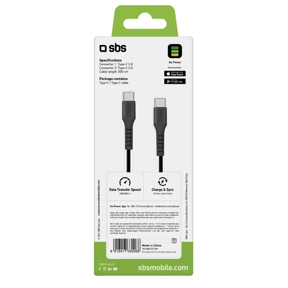SBS TECABLETCC3M USB-C - USB-C 3m Cable - Blackeng