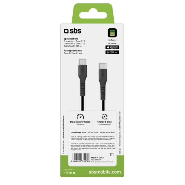 SBS TECABLETCC3M USB-C - USB-C 3m Cable - Blackeng