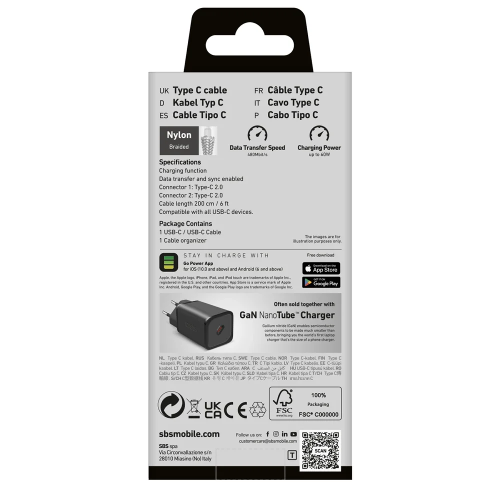 SBS TECABLETISSUETCC2G Cable 2 x USB-C 2m 60W with Power Delivery - Grayeng