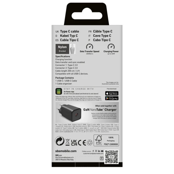 SBS TECABLETISSUETCC2G Cable 2 x USB-C 2m 60W with Power Delivery - Grayeng