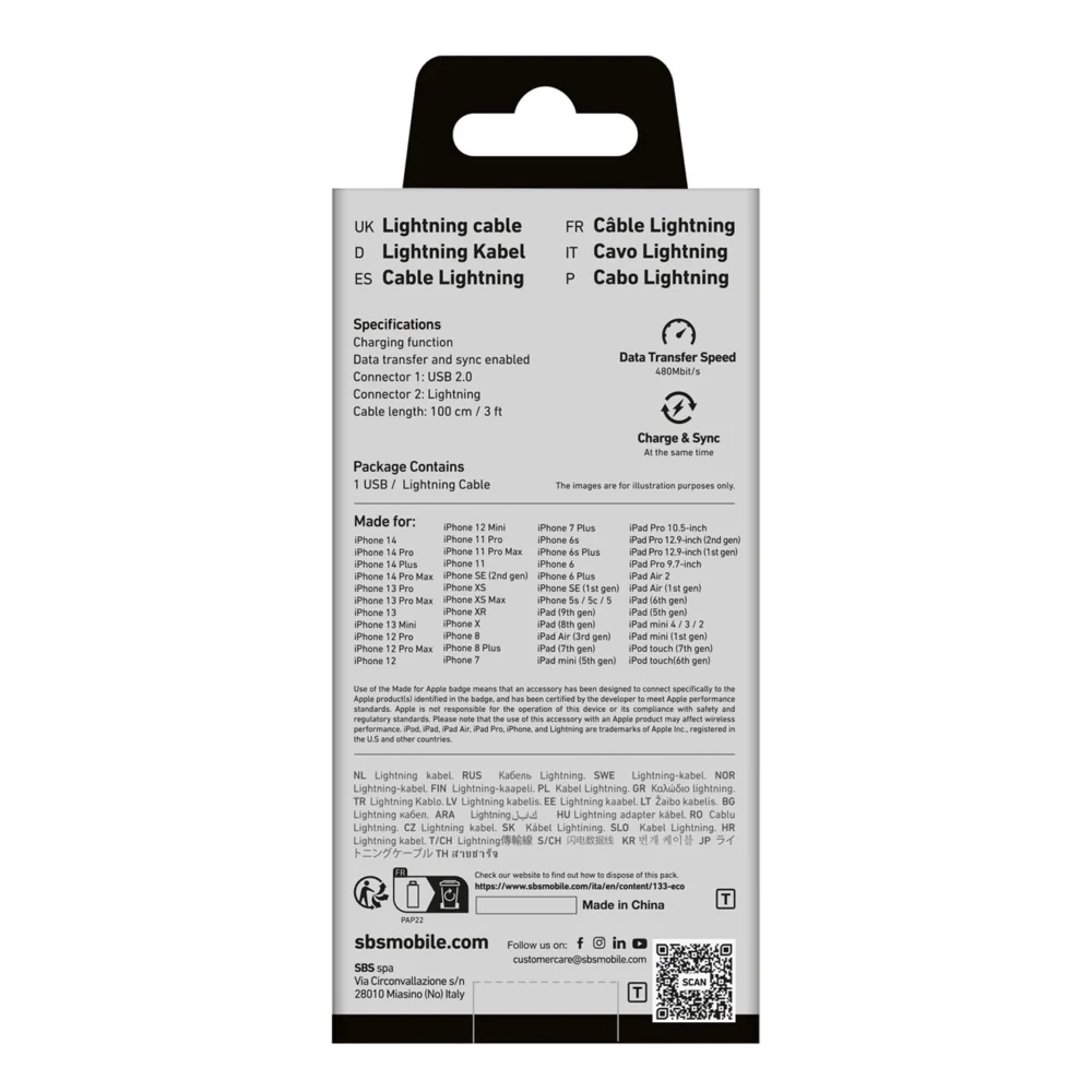 SBS TECABLEUSBIP589K USB-A - Lightning Cable 1m MFi Certified - Blackeng