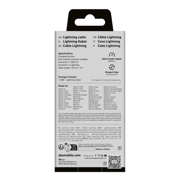 SBS TECABLEUSBIP589K USB-A - Lightning Cable 1m MFi Certified - Blackeng