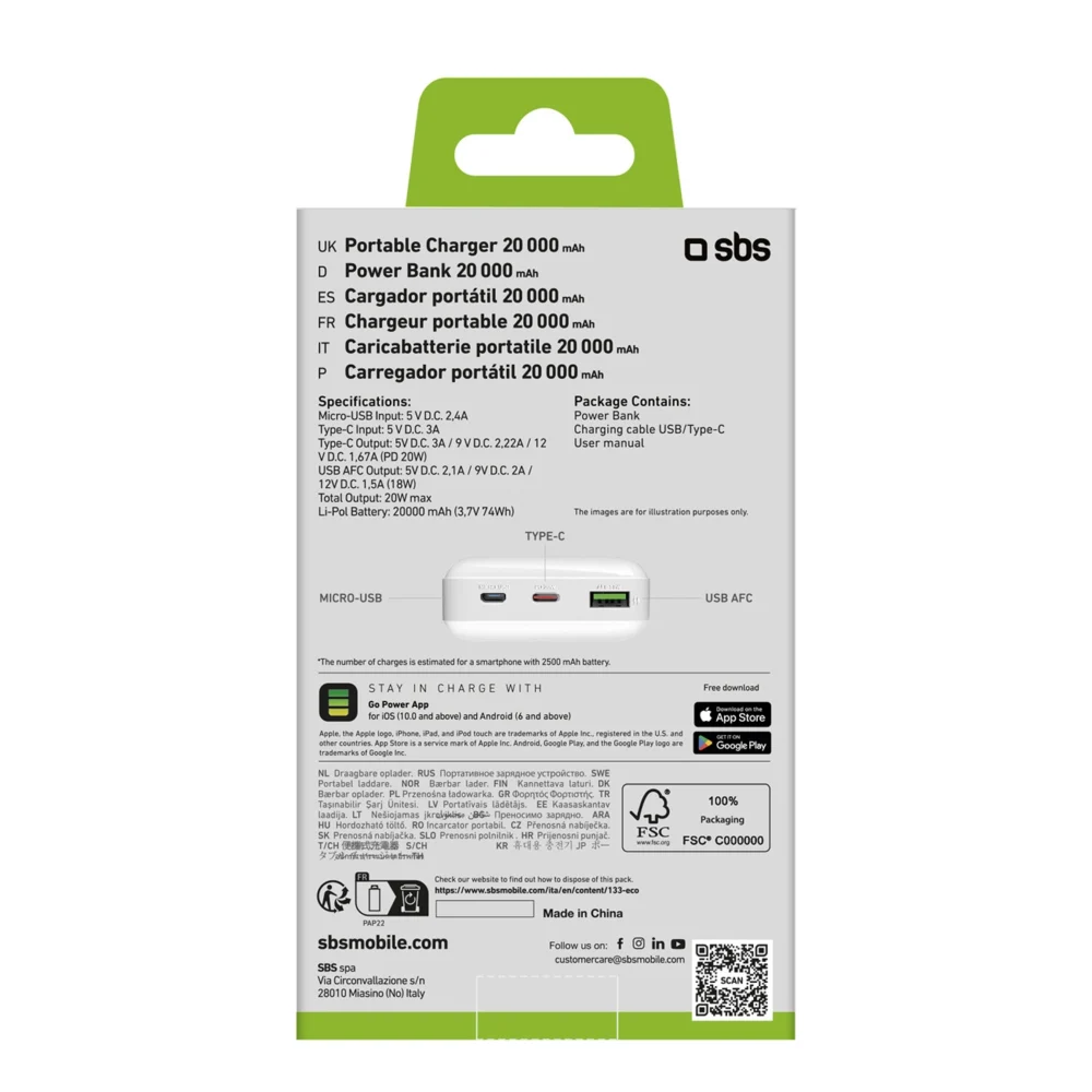 Powerbank SBS TTBB20000PD20W 20000 mAh 20W Power Delivery with MicroUSB, USB-C, USB-A - whiteeng