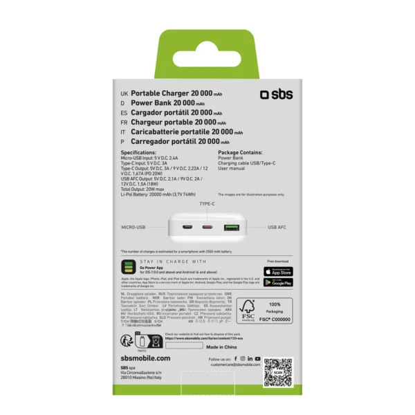 Powerbank SBS TTBB20000PD20W 20000 mAh 20W Power Delivery with MicroUSB, USB-C, USB-A - whiteeng