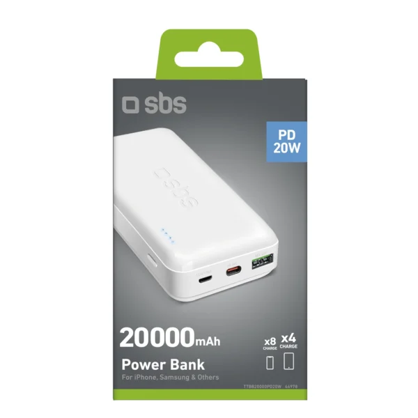 Powerbank SBS TTBB20000PD20W 20000 mAh 20W Power Delivery with MicroUSB, USB-C, USB-A - whiteeng