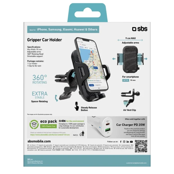 SBS TEHWSUPCLIPSTG smartphone holder for air vent, with reinforced jaws - blackeng
