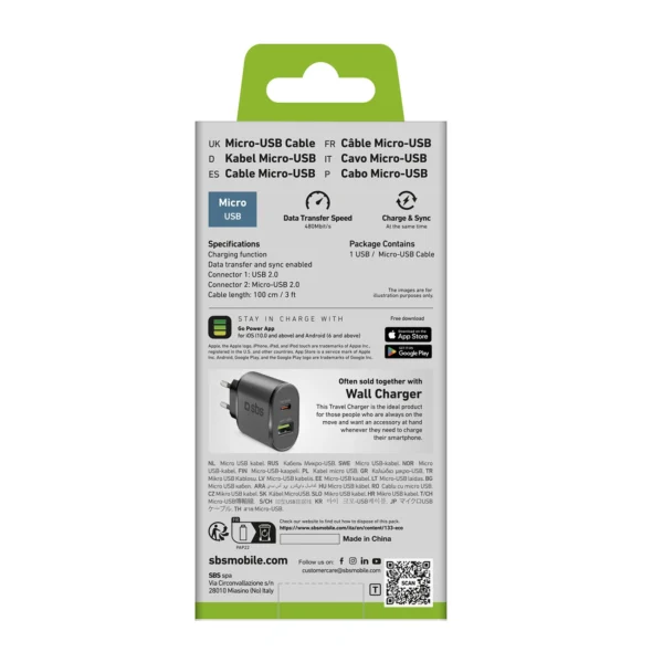 SBS LTHL200 USB-A - Micro-USB Cable 1m - Blackeng