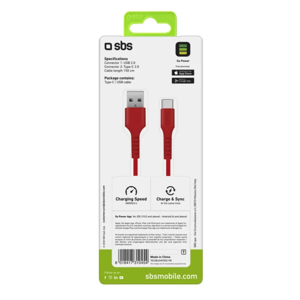 SBS TECABLEMICROC15R USB-A - USB-C Cable 1.5m - Redeng
