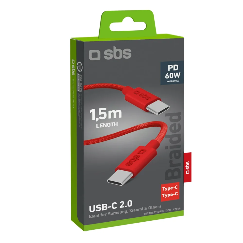 SBS TECABLETISSUETCCR USB-C - USB-C 1.5m 60W Braided Cable - Redeng