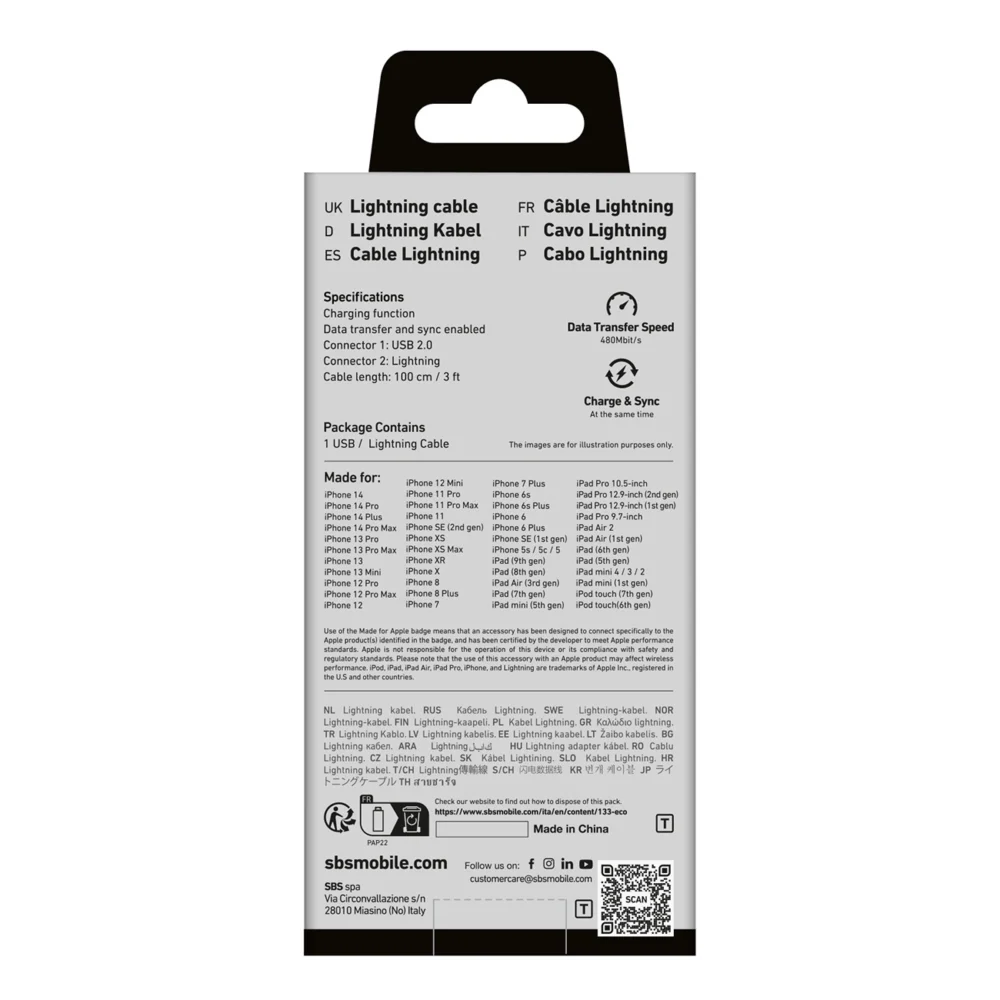 SBS TECABLEUSBIP589W USB-A - Lightning Cable - Whiteeng