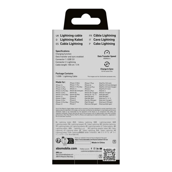 SBS TECABLEUSBIP589W USB-A - Lightning Cable - Whiteeng
