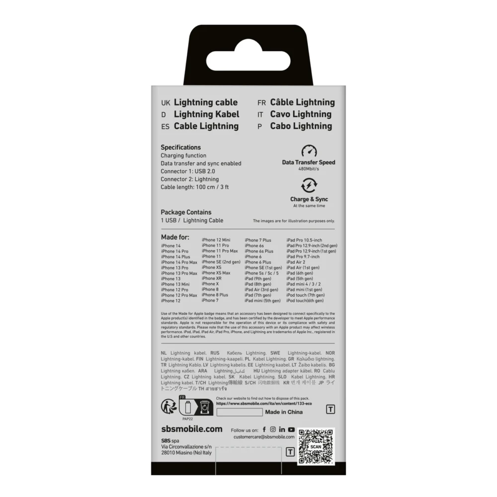 SBS TECABLEUSBIP589A USB-A - Lightning Cable - Blueeng