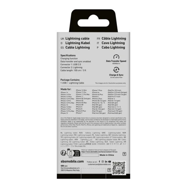 SBS TECABLEUSBIP589A USB-A - Lightning Cable - Blueeng