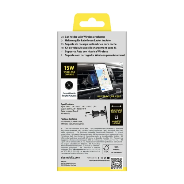Smartphone holder with infusion charger SBS TESUPPMAG15WVENT compatible with MagSafe - blackeng