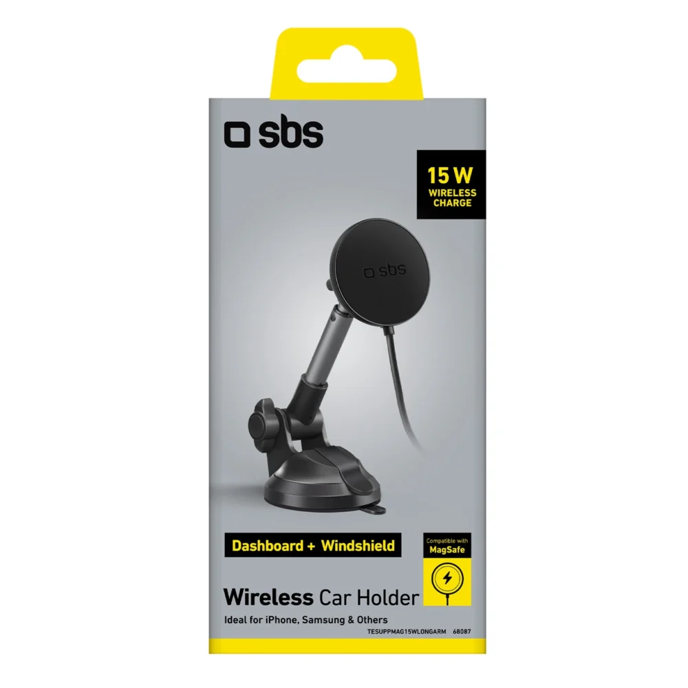 Telescopic smartphone holder with inductive charger SBS TESUPPMAG15WLONGARM with suction cup, compatible with MagSafe - blackeng