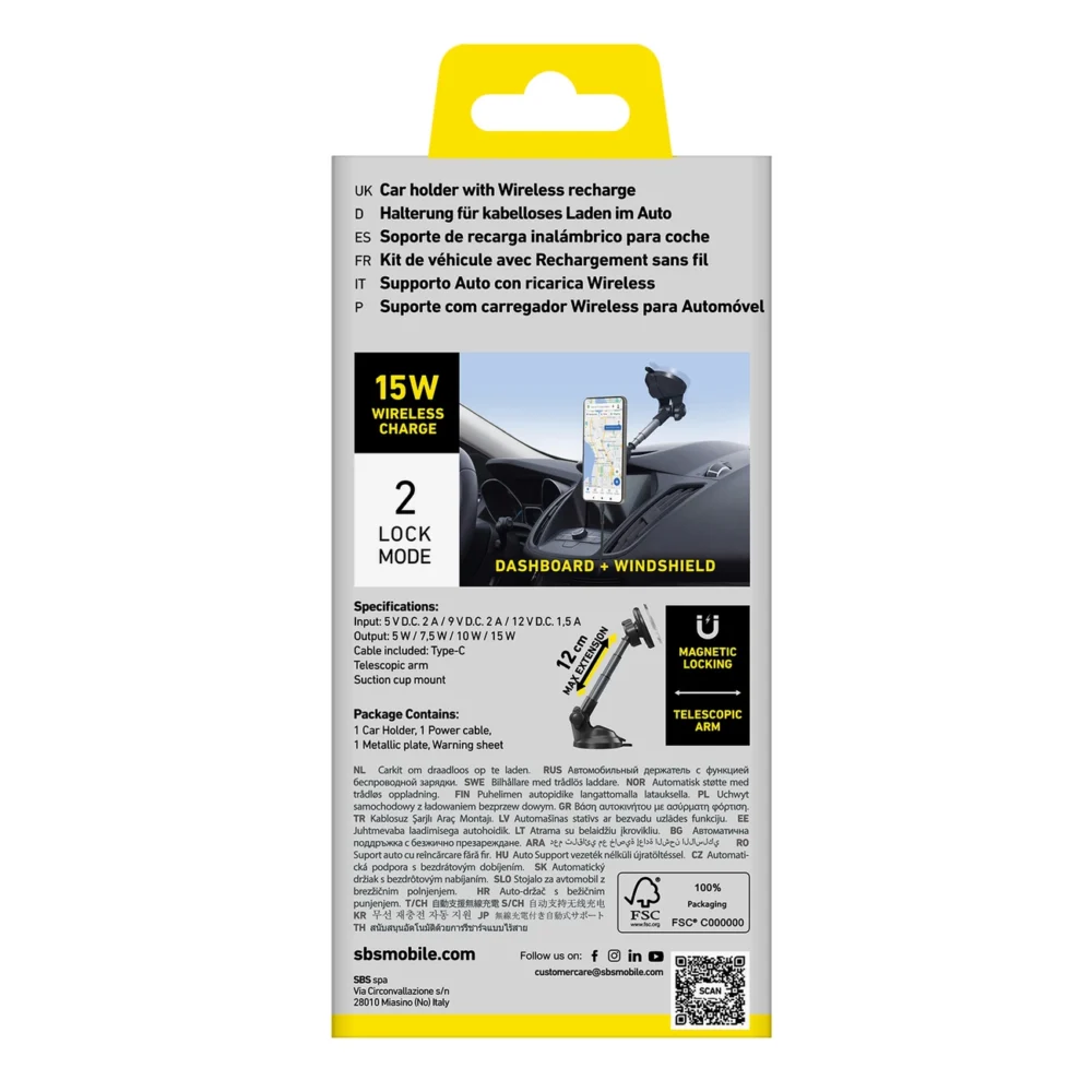 Telescopic smartphone holder with inductive charger SBS TESUPPMAG15WLONGARM with suction cup, compatible with MagSafe - blackeng