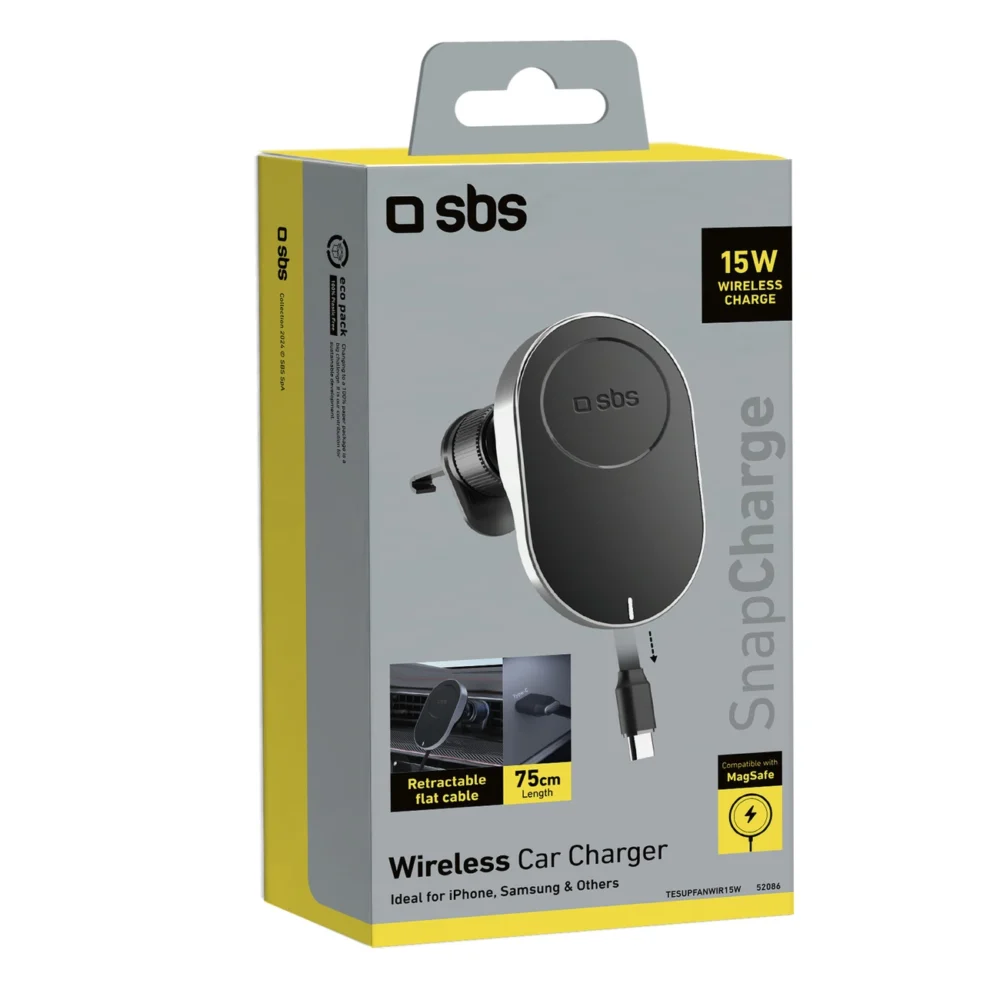 SBS TESUPP15WRETRACABL Wireless Charger Smartphone Holder with Retractable Cable Compatible with MagSafe - Blackeng