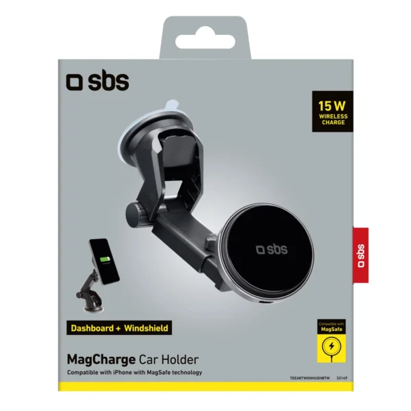 SBS TESUPMAGEXTWIR15W Telescopic Smartphone Holder with Wireless Charger, MagSafe Compatible, for Windshield and Dashboard - Blackeng
