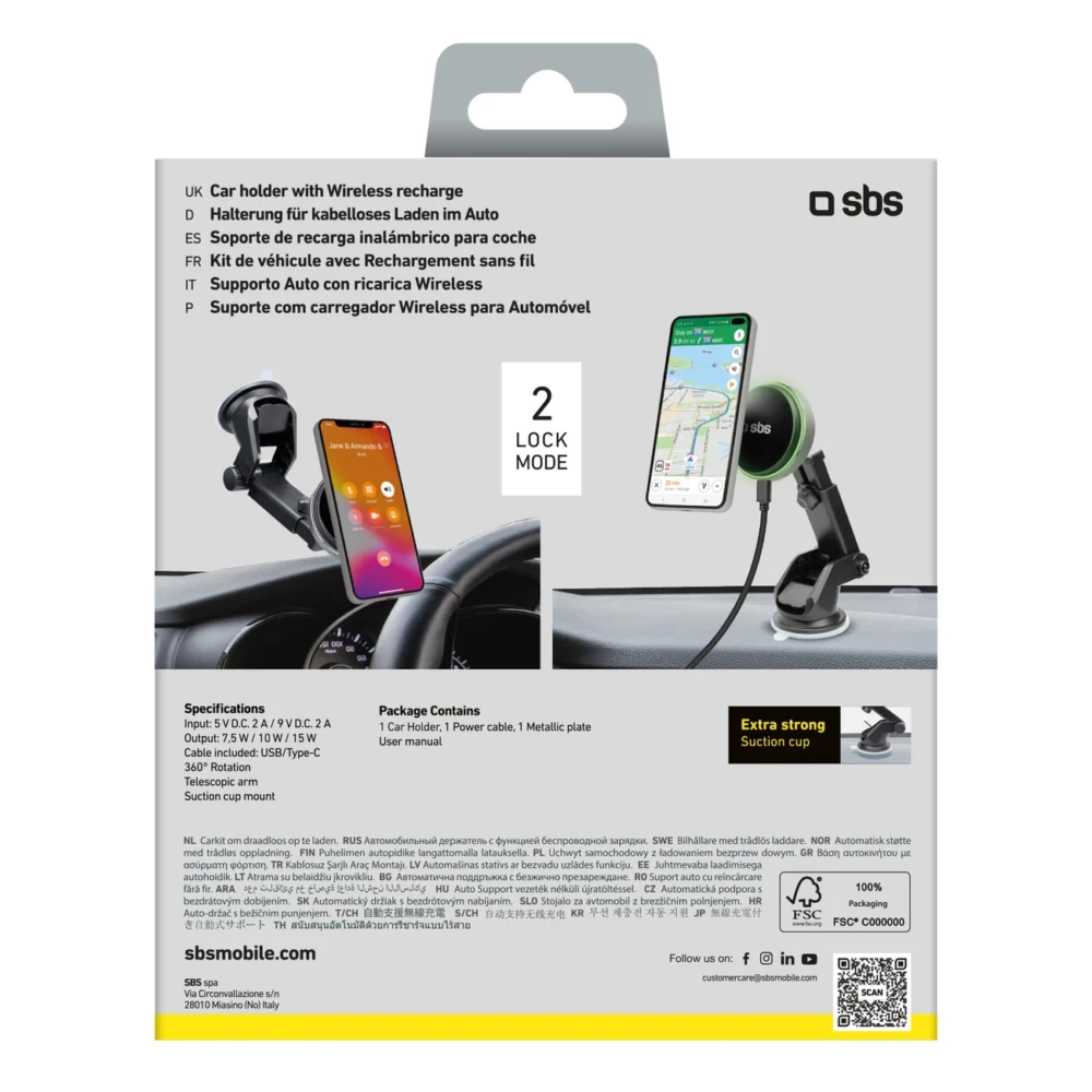 SBS TESUPMAGEXTWIR15W Telescopic Smartphone Holder with Wireless Charger, MagSafe Compatible, for Windshield and Dashboard - Blackeng