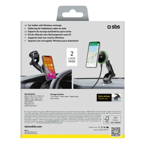 SBS TESUPMAGEXTWIR15W Telescopic Smartphone Holder with Wireless Charger, MagSafe Compatible, for Windshield and Dashboard - Blackeng