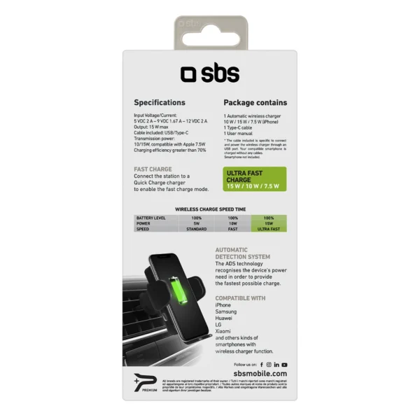 SBS TESUPWIR15WAUT smartphone holder with wireless charger for air vent - blackeng