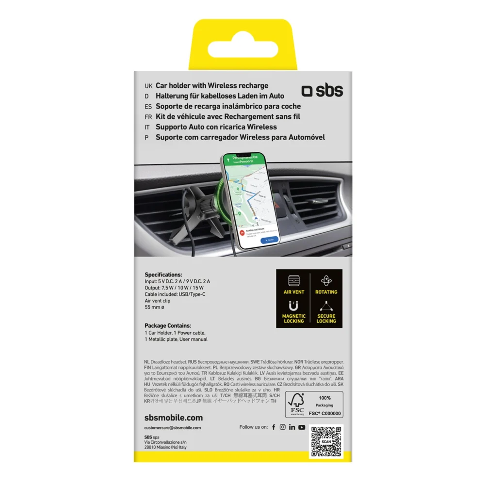 Smartphone holder with wireless charger SBS TESUPMAGWIR15W for air vent, compatible with MagSafe - blackeng