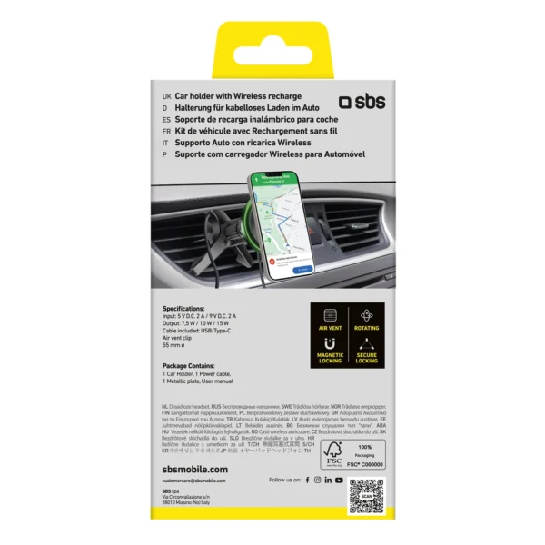 Smartphone holder with wireless charger SBS TESUPMAGWIR15W for air vent, compatible with MagSafe - blackeng