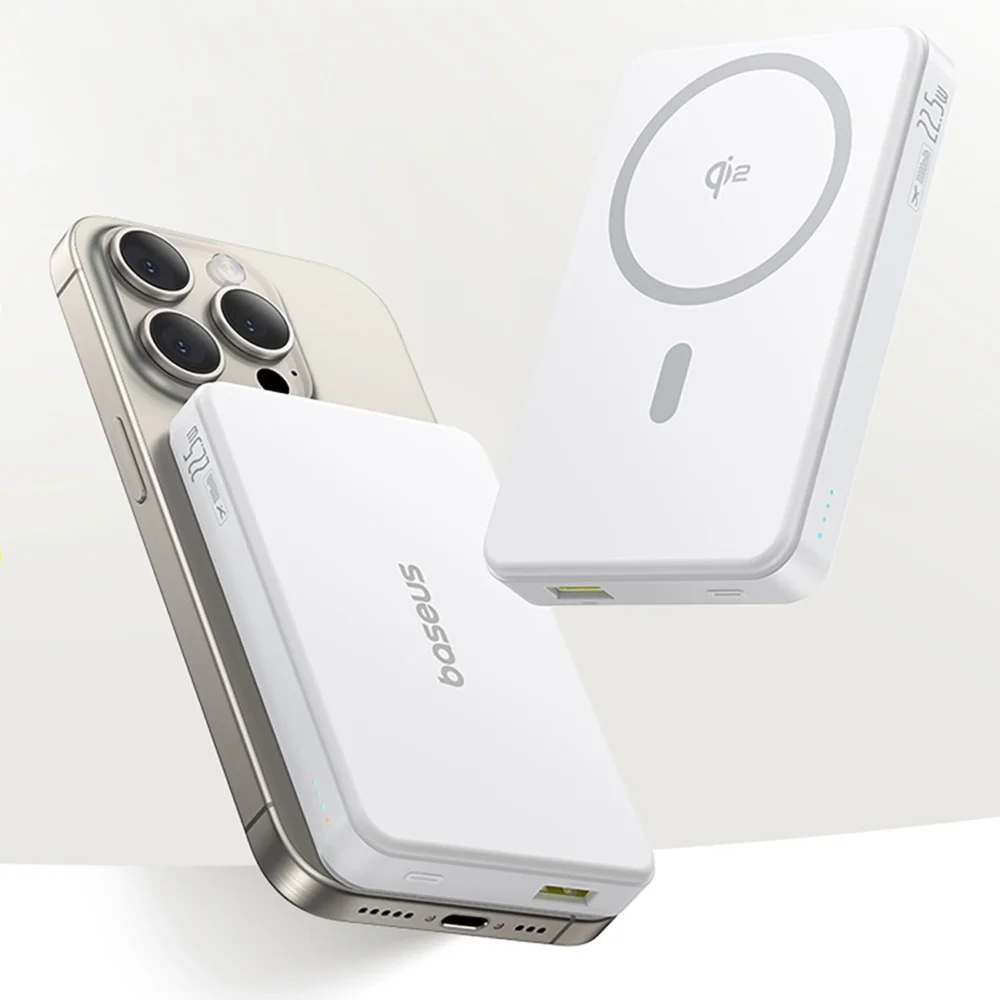 Baseus Airpow II 10000mAh Qi2 Power Bank with MagSafe 22.5W with Baseus Simple Series USB-C Cable - USB-C 20V/3A (30cm) - Whiteeng