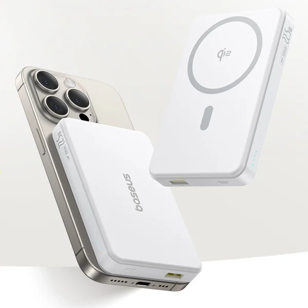 Baseus Airpow II 10000mAh Qi2 Power Bank with MagSafe 22.5W with Baseus Simple Series USB-C Cable - USB-C 20V/3A (30cm) - Whiteeng
