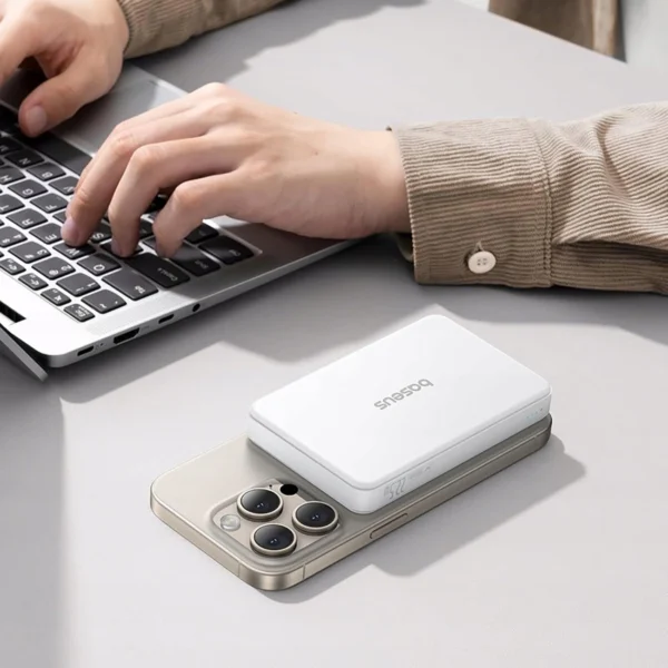 Baseus Airpow II 10000mAh Qi2 Power Bank with MagSafe 22.5W with Baseus Simple Series USB-C Cable - USB-C 20V/3A (30cm) - Whiteeng