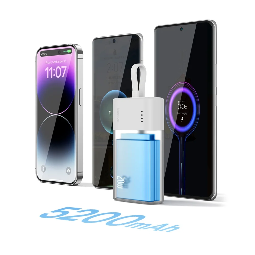 Baseus Popsicle 5200mAh 20W Powerbank with Built-in Lightning Cable (+ White Baseus Simple USB-C - USB-C 60W/20V/3A/30cm Cable) - White-Greeneng