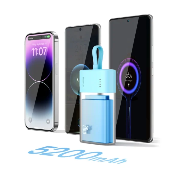 Baseus Popsicle 5200mAh 20W Powerbank with Built-in Lightning Cable (+ White Baseus Simple USB-C - USB-C 60W/20V/3A/30cm Cable) - Blue-Orangeeng