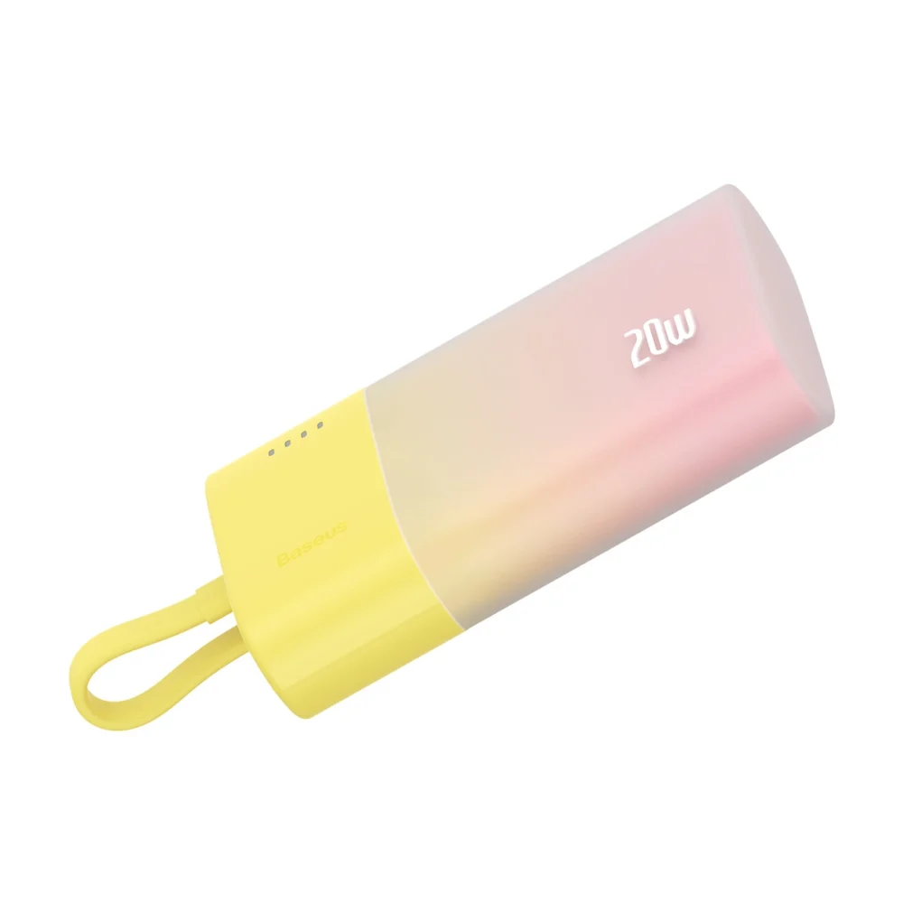 Baseus Popsicle 5200mAh 20W Powerbank with Built-in Lightning Cable (+ White Baseus Simple USB-C - USB-C 60W/20V/3A/30cm Cable) - Yellow-Pinkeng