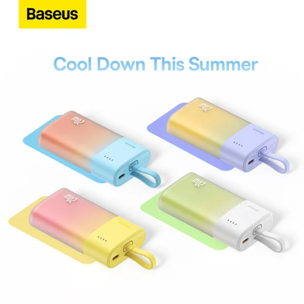 Baseus Popsicle 5200mAh 20W Powerbank with Built-in Lightning Cable (+ White Baseus Simple USB-C - USB-C 60W/20V/3A/30cm Cable) - Yellow-Pinkeng