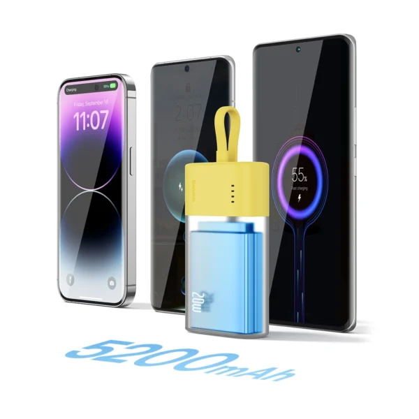 Baseus Popsicle 5200mAh 20W Powerbank with Built-in Lightning Cable (+ White Baseus Simple USB-C - USB-C 60W/20V/3A/30cm Cable) - Yellow-Pinkeng
